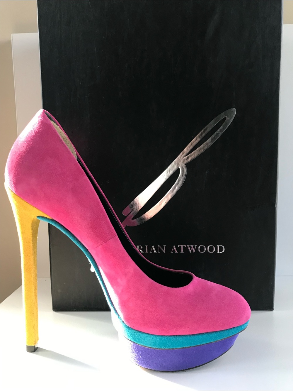 Brian Atwood Hot Pink Suede Multi-Color Platform Pump